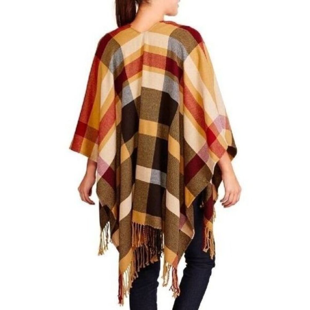 Plaid Open Front Fringe Poncho Wrap - Picture 2 of 7